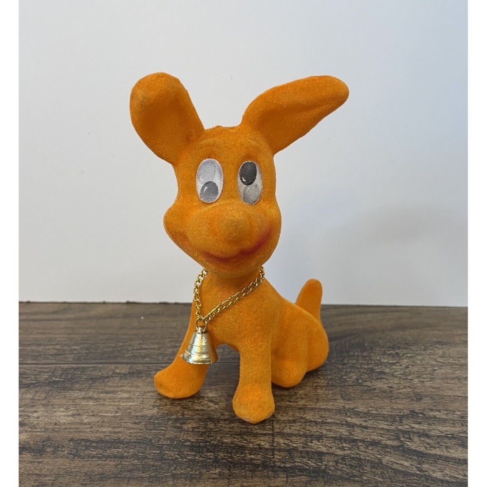 Vintage Orange Locked Dog Plastic Blow Mold Figure Lenticular Eyes Bell Collar